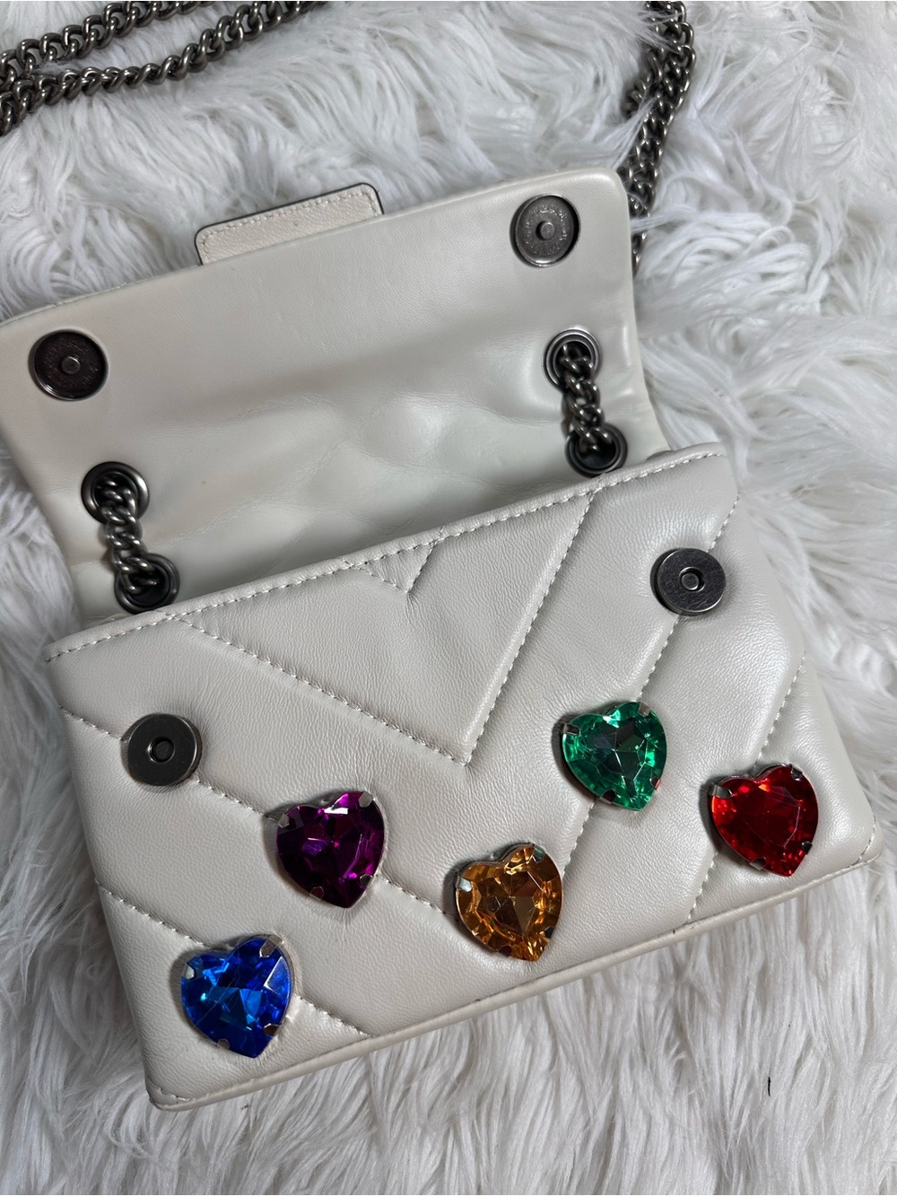 Kurt Geiger • Kensington Bone & Rainbow Hearts Love Crossbody Leather Bag - Picture 6 of 17